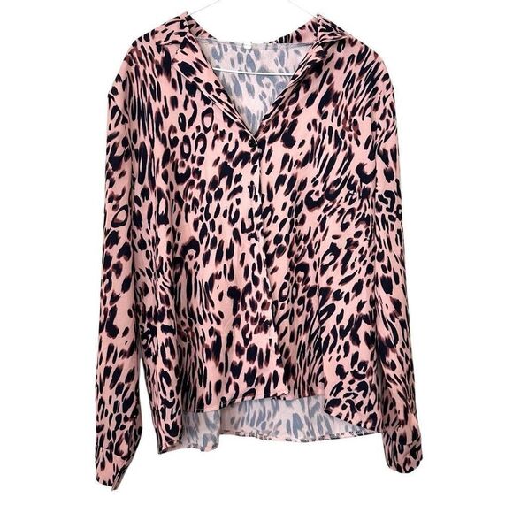 Emory Rose Animal Print Long Sleeve Tunic Blouse Pink Black Large - Picture 1 of 5